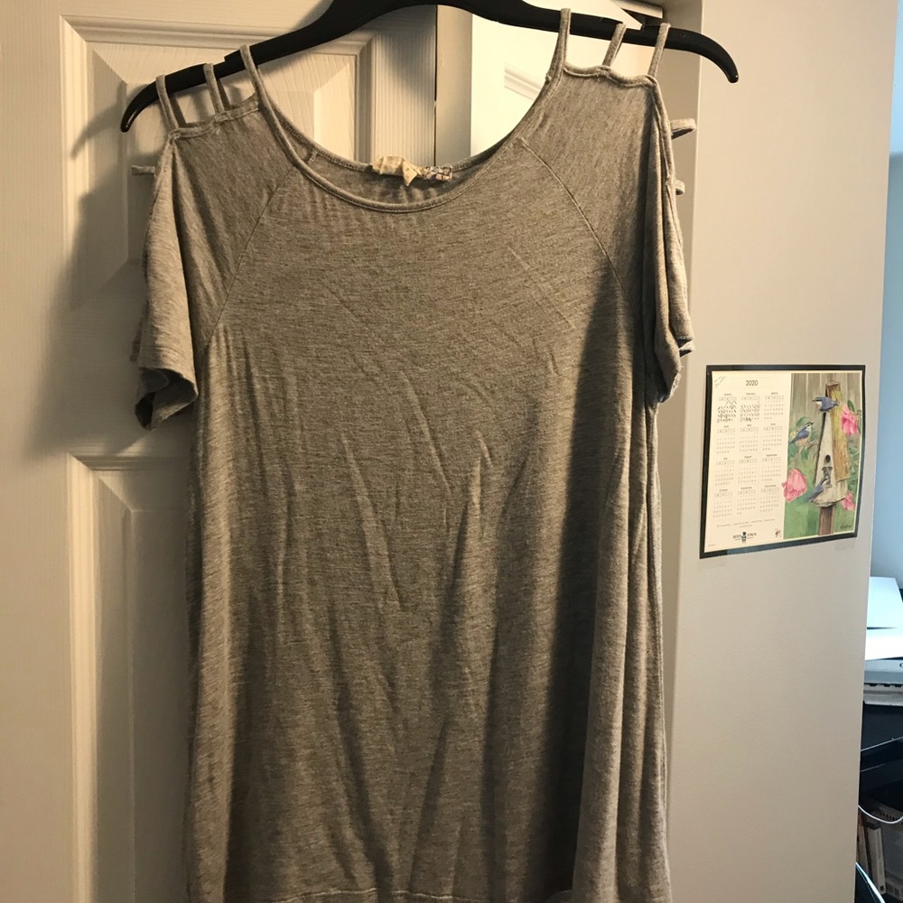 Grey Tee with strappy shoulder cutouts